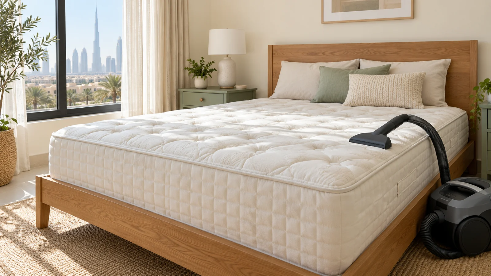 Vacuum nozzle cleaning a comfortable tufted mattress during mattress deep cleaning service
