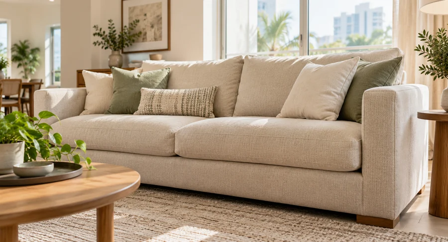 Clean beige sectional couch with green cushions after professional sofa cleaning service