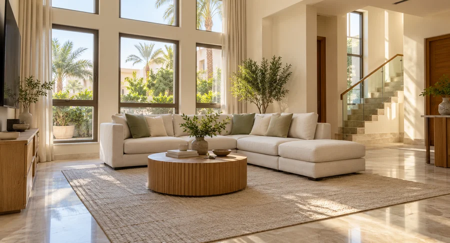 Luxurious villa living room with clean sectional sofa and large windows after villa deep cleaning service