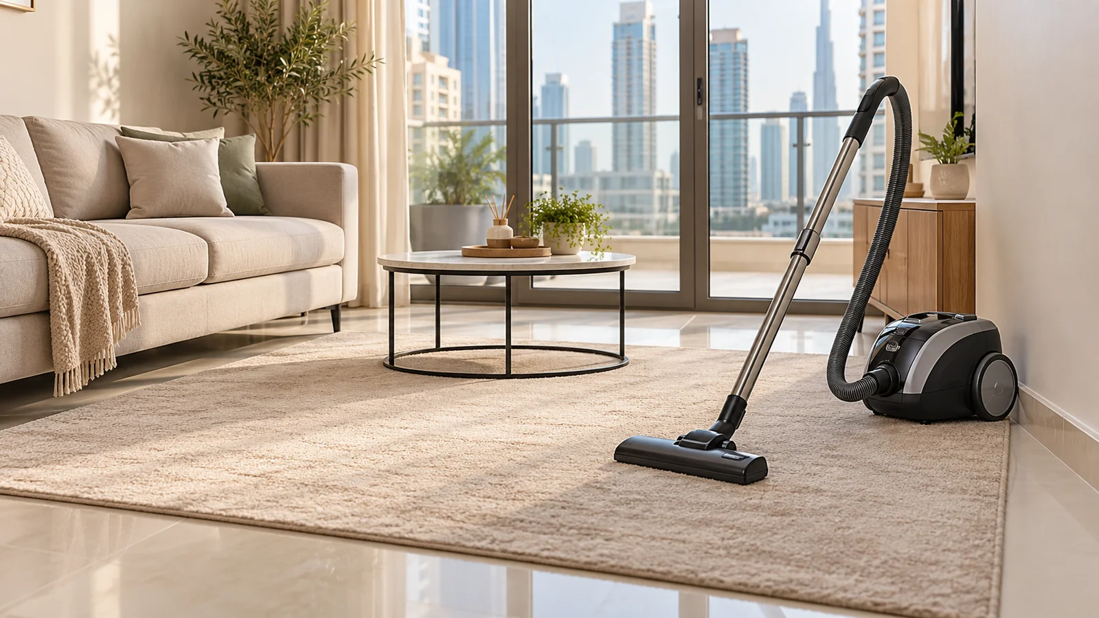 Vacuum cleaner on rug in sunlit living room during monthly cleaning service
