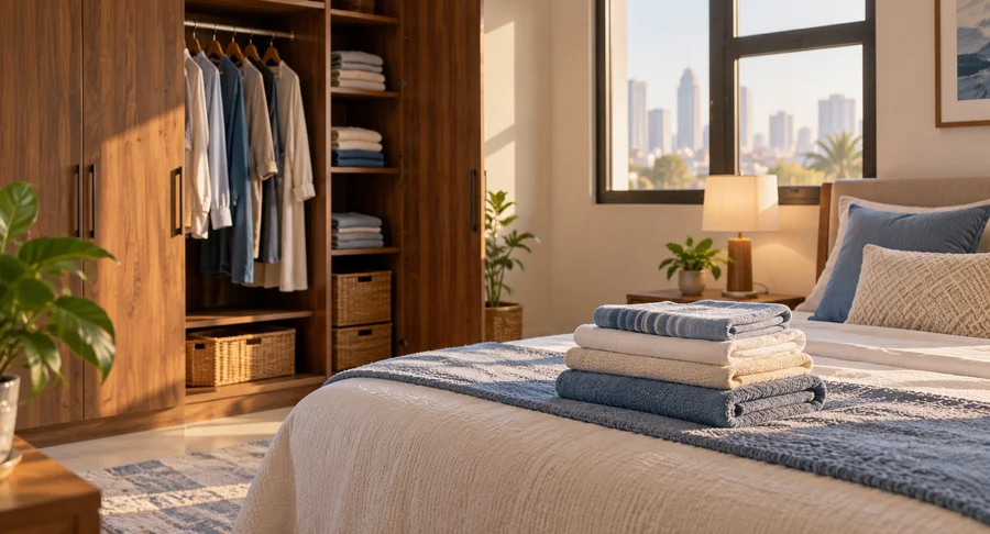 Stacked towels on bed in neatly organized bedroom during monthly housekeeping service