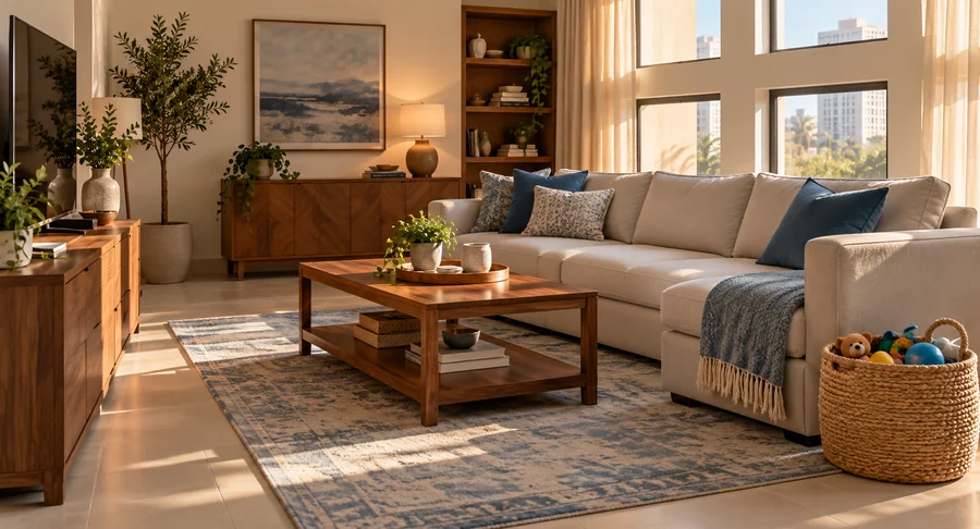 Bright living room with sectional couch organized by monthly maid service