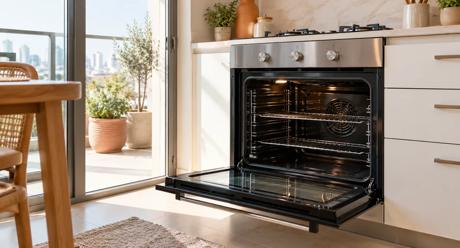Clean open oven interior in kitchen during monthly maid oven cleaning service