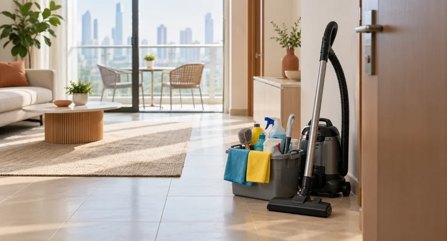 Vacuum cleaner and caddy of cleaning supplies for monthly same day cleaning service