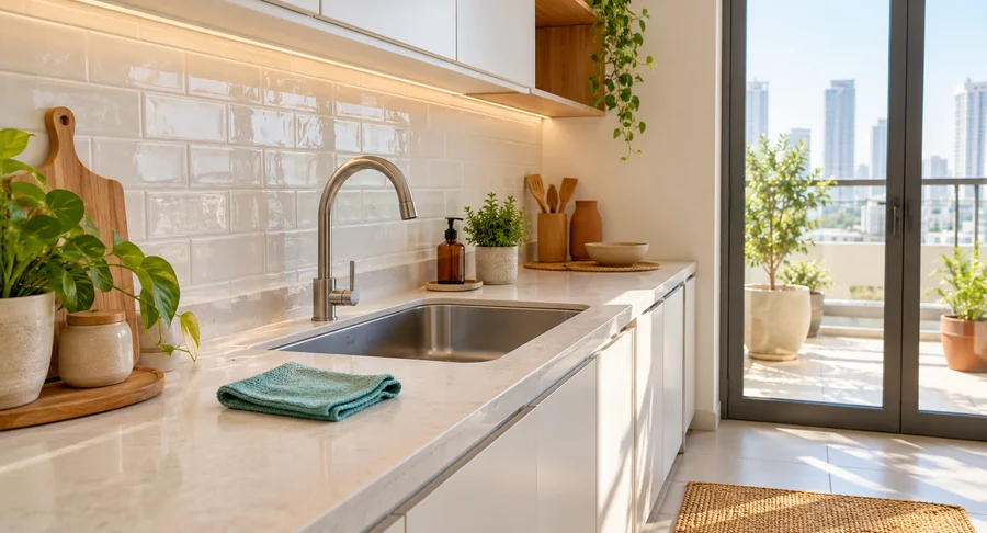 Clean kitchen counter and sink after monthly weekly cleaning service