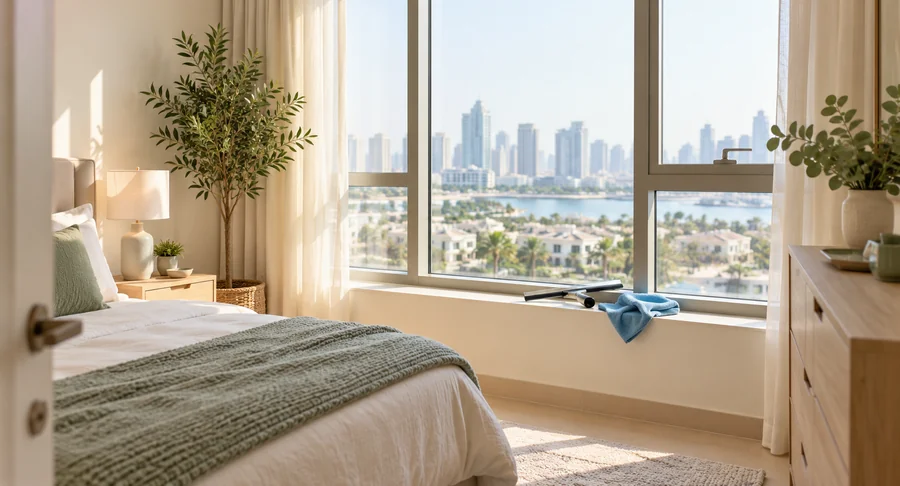 Window squeegee and microfiber cloth on sill during monthly bedroom window cleaning service