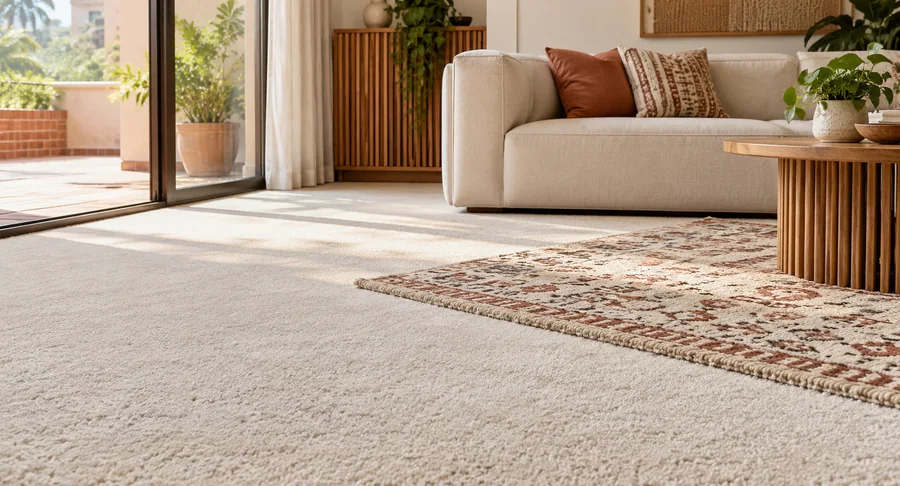 Clean beige carpet and patterned area rug after move in carpet cleaning
