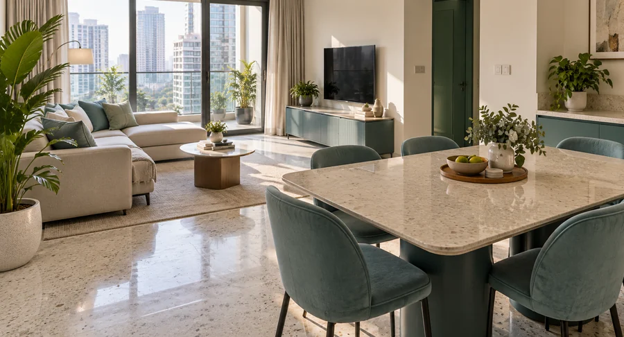 Clean modern dining and living area after move in deep cleaning
