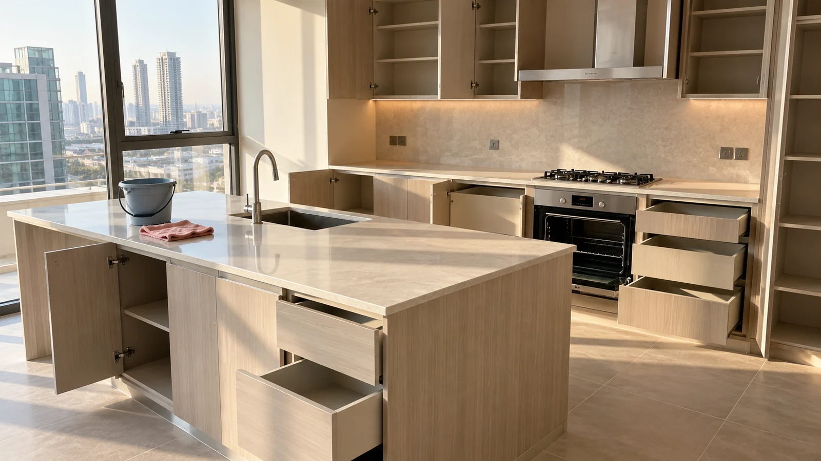 Clean kitchen with open cabinets and island during move in deep cleaning
