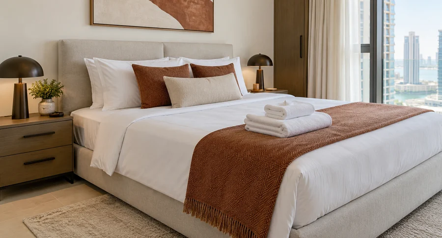 Clean bedroom with neatly made bed for move in holiday home cleaning