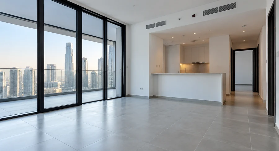 Clean empty apartment with large glass windows after move in move out cleaning