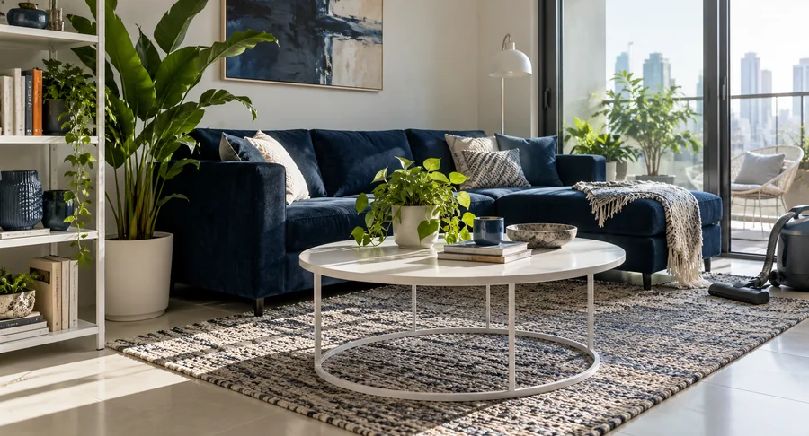 Clean living room with blue sectional sofa during weekly move in cleaning service