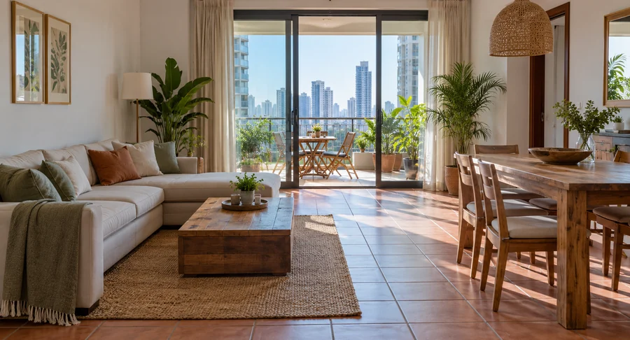 Clean apartment living room with sofa and dining table after move out deep cleaning