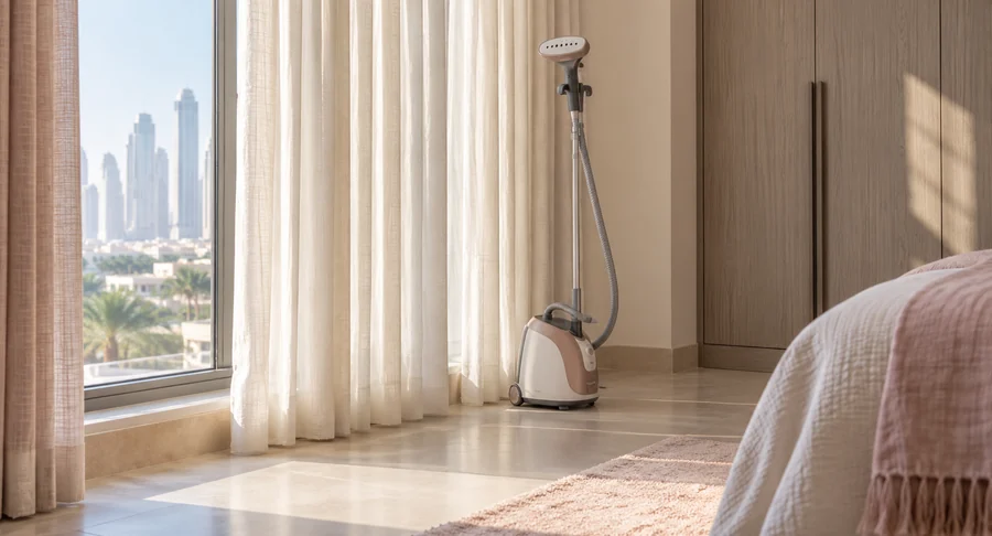 Garment steamer standing near clean sheer curtains during move out curtain cleaning