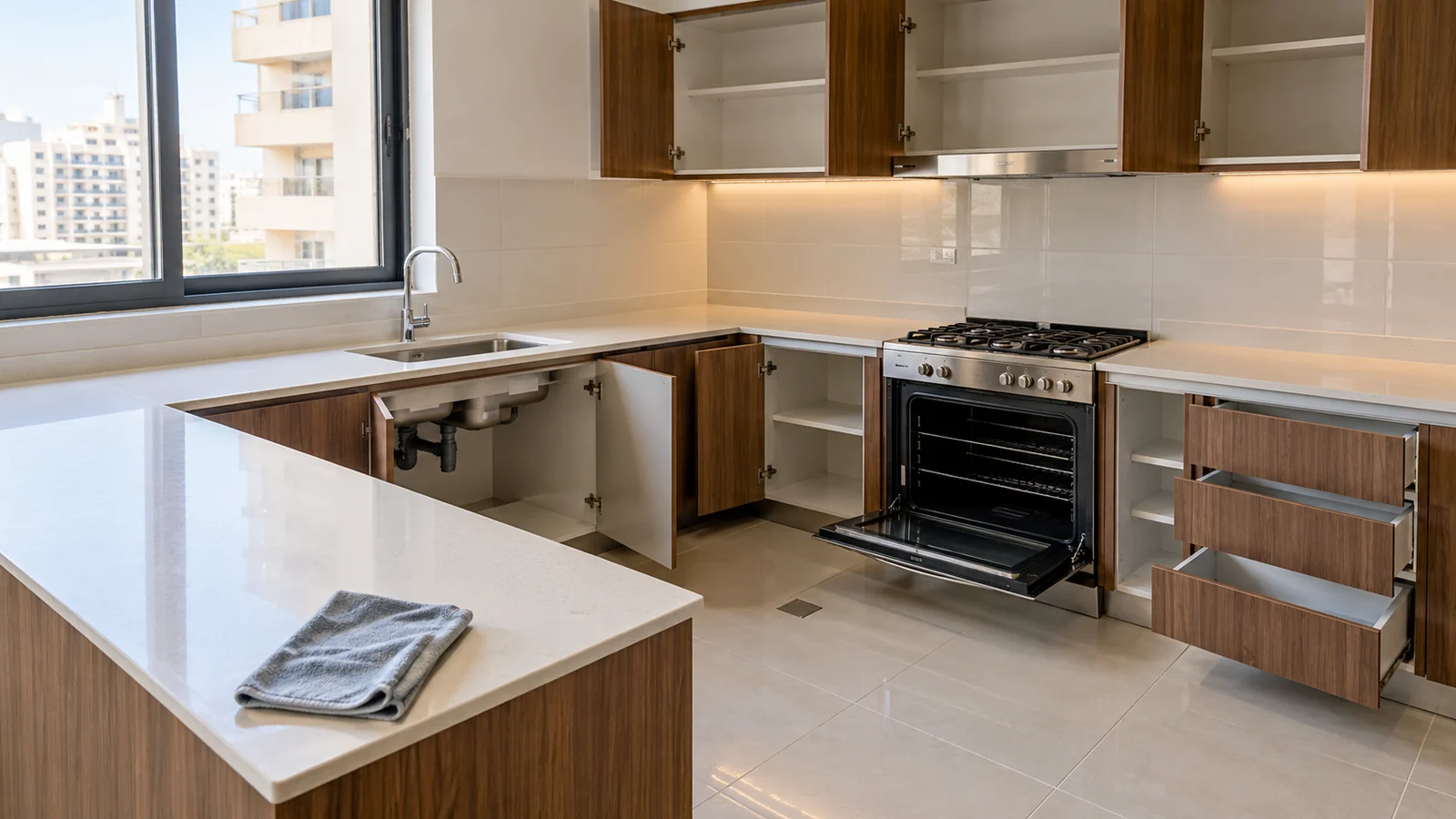Clean kitchen cabinets and open oven after deep move out cleaning