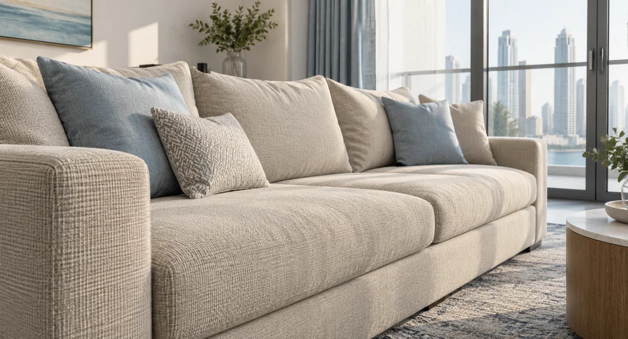 Clean beige fabric couch with blue cushions after move out sofa cleaning