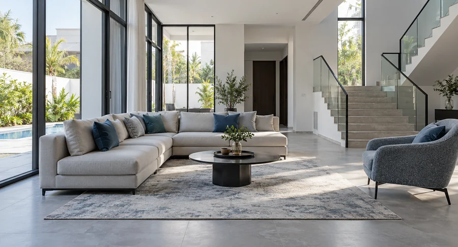Clean modern villa living room with sectional sofa after move out deep cleaning