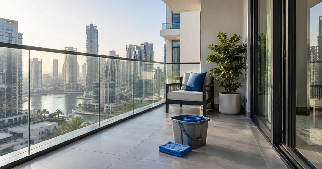 Clean high-rise apartment balcony with city skyline view after professional balcony cleaning service