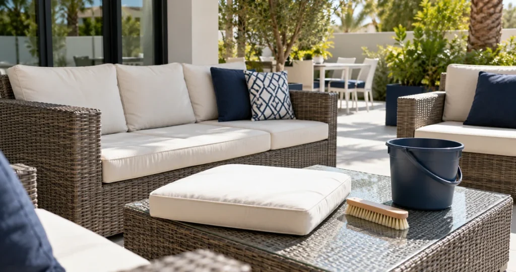 Clean outdoor patio furniture and cushions after professional garden furniture cleaning service