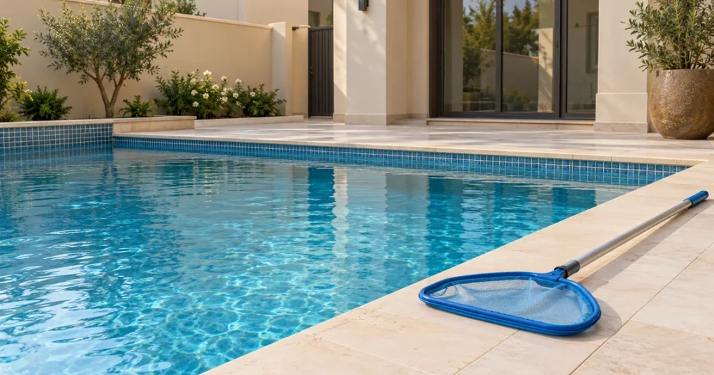 Crystal-clear swimming pool with skimmer net after professional outdoor pool cleaning service