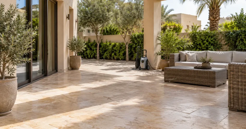 Spotless tiled outdoor patio and seating area after professional terrace cleaning service