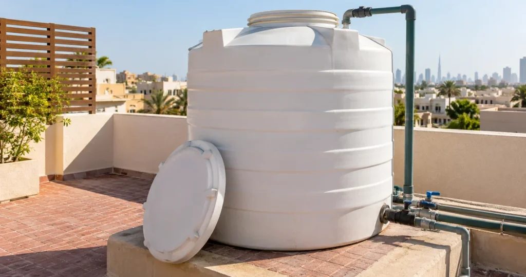 Clean white rooftop water tank on building terrace after outdoor water tank cleaning service