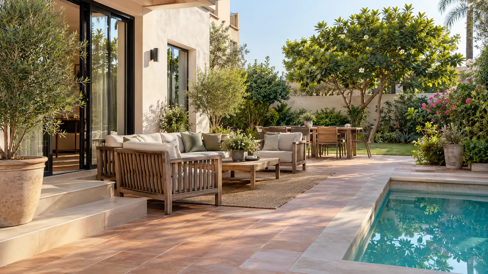 Lush poolside patio and outdoor seating area after professional outdoor cleaning service