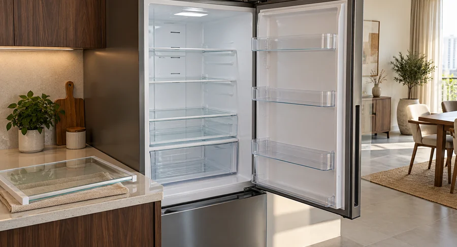 Clean empty refrigerator interior with open door after fridge cleaning service