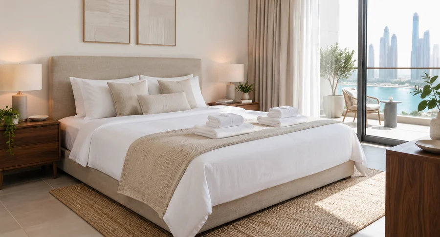 Pristine bedroom setup in holiday home apartment after professional deep cleaning service