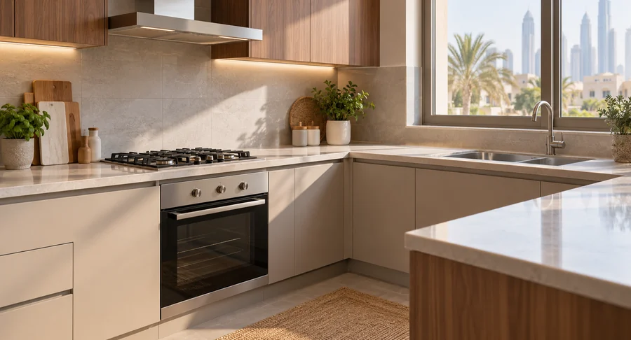 Clean built in oven and modern kitchen counter after kitchen deep cleaning service