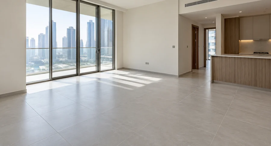 Spotless empty apartment living room with open kitchen after move out cleaning service