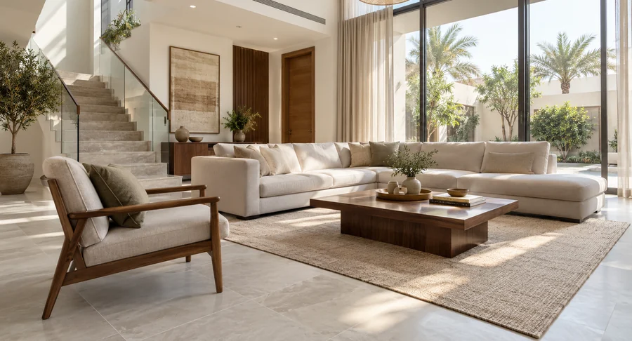 Spacious luxury villa living room with beige sectional sofa after professional deep cleaning service