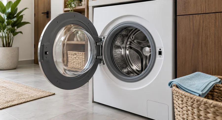 Open front loading washing machine drum after professional washing machine cleaning service