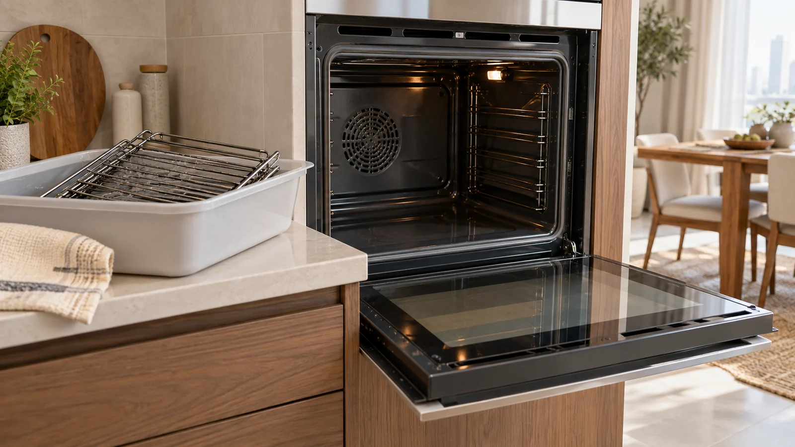 Clean open oven interior and racks after professional oven cleaning service