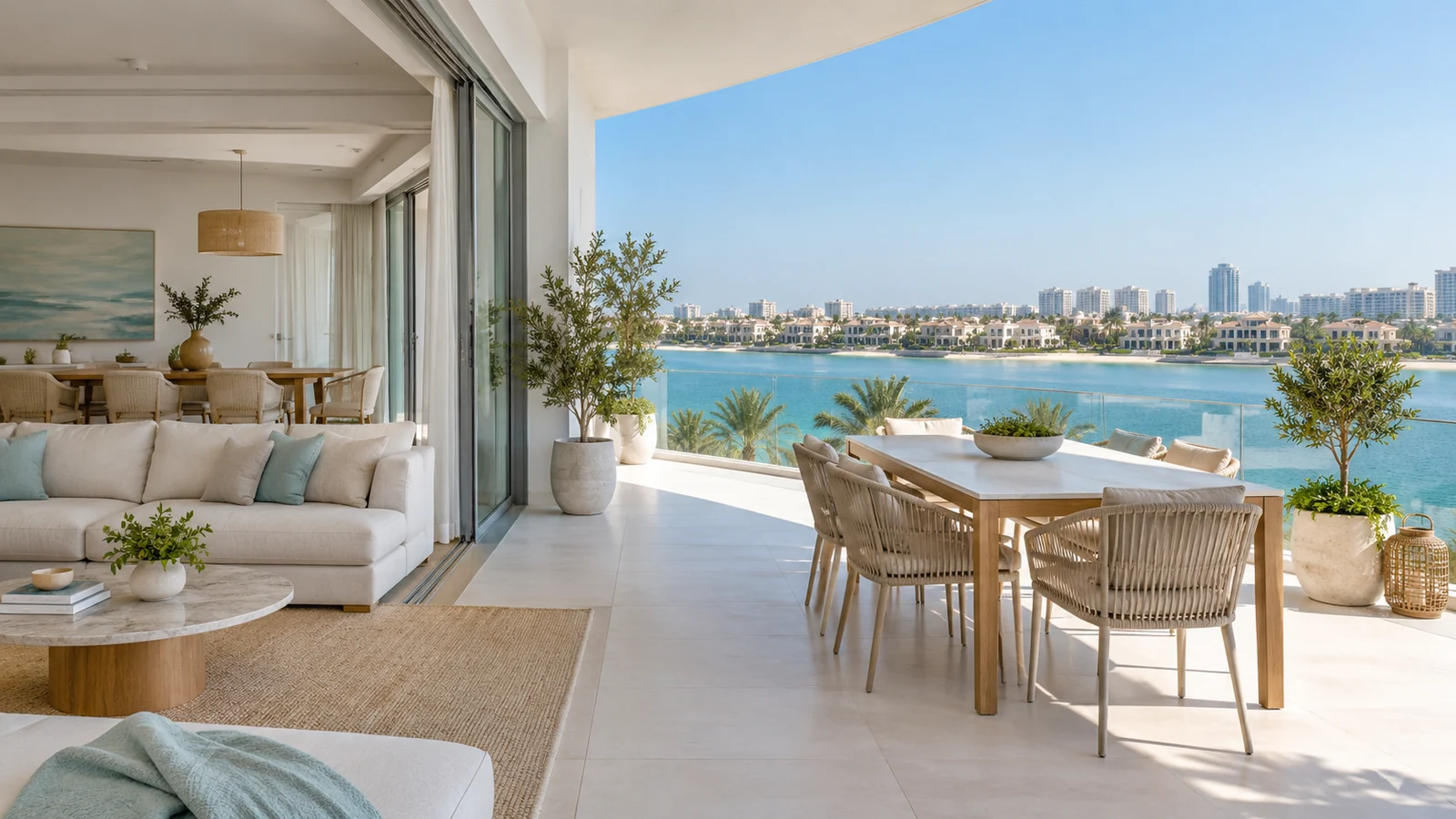 Scenic waterfront terrace overlooking Dubai skyline after professional exterior cleaning service
