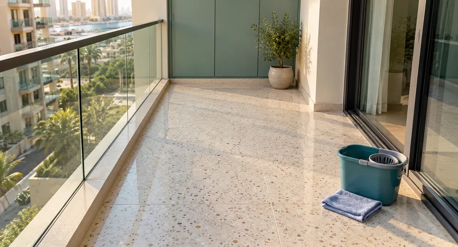Clean modern apartment balcony floor with mop bucket after balcony cleaning