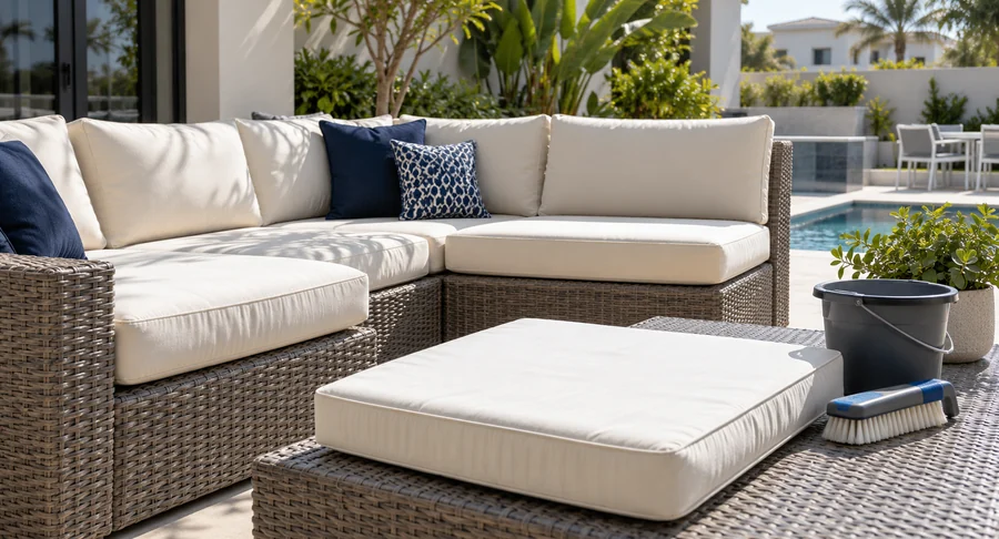 Clean outdoor sectional sofa with scrub brush and bucket after garden furniture cleaning