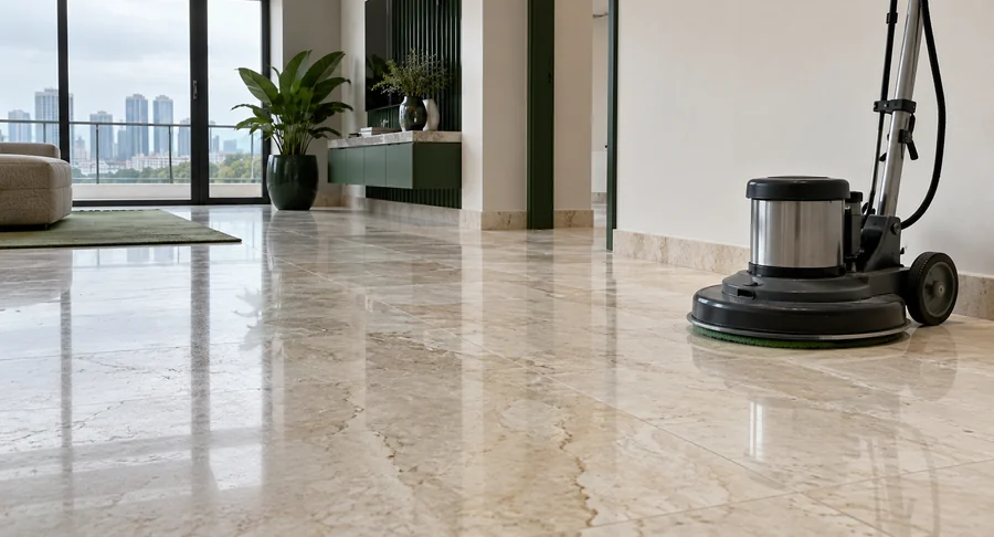 Floor buffer machine polishing shiny marble floor in luxury living room