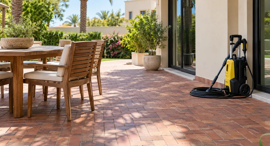 Yellow pressure washer on clean brick patio with wooden dining set after terrace cleaning