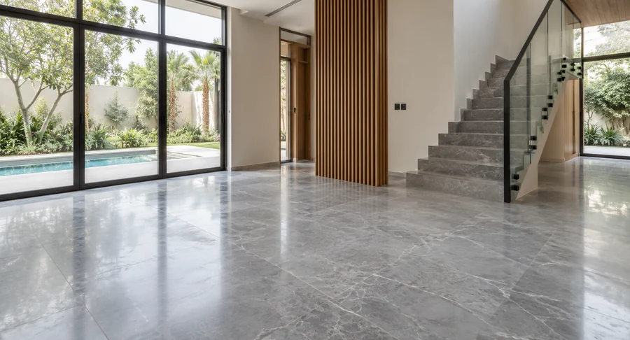 Floor buffer machine polishing shiny marble floor in luxury living room