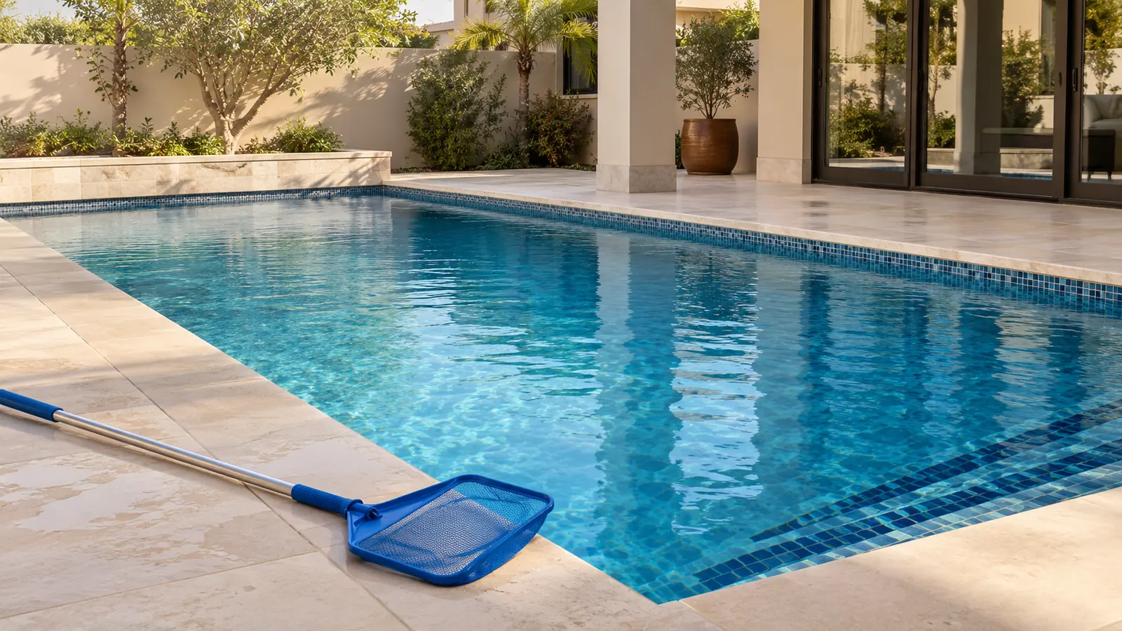 Blue skimmer net beside clean swimming pool after professional pool cleaning service