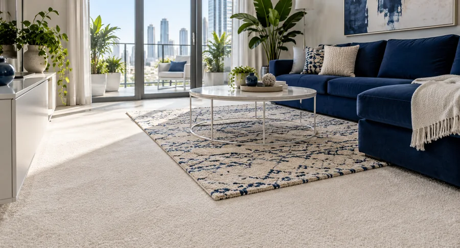 Clean patterned rug and carpet in living room after post construction carpet cleaning