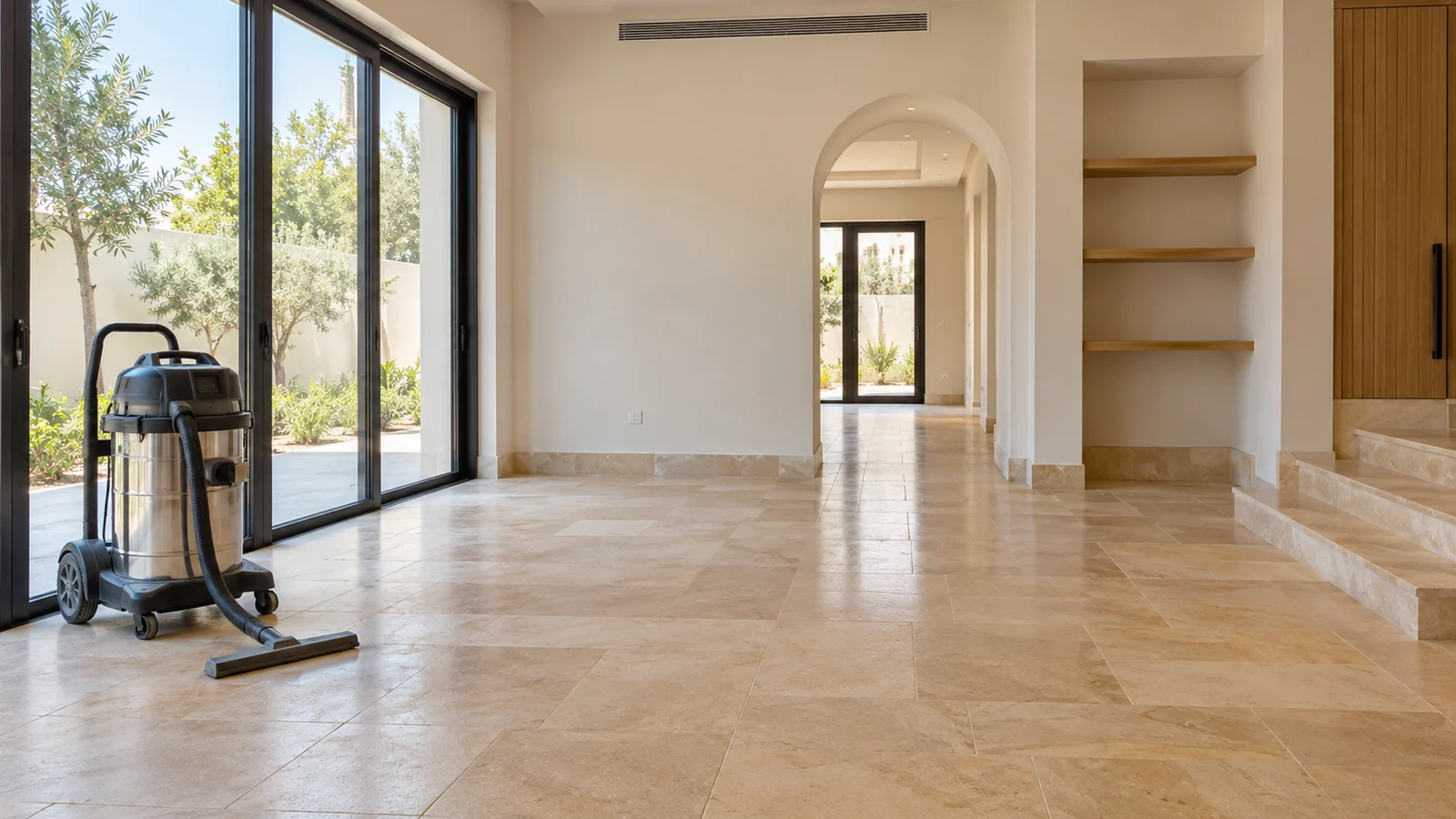 Industrial vacuum cleaner on tile floor during post construction cleaning