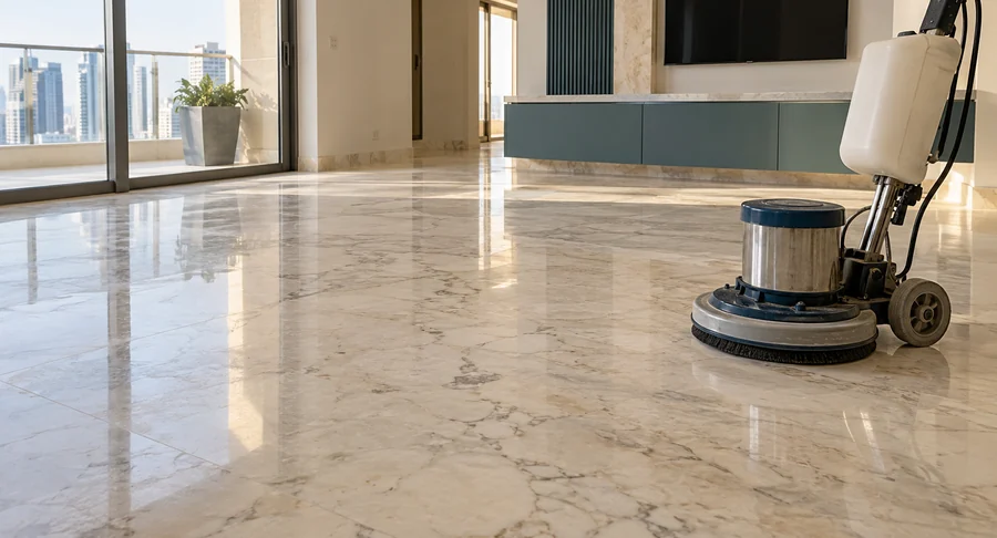 Floor polishing machine on glossy marble floor after post construction cleaning