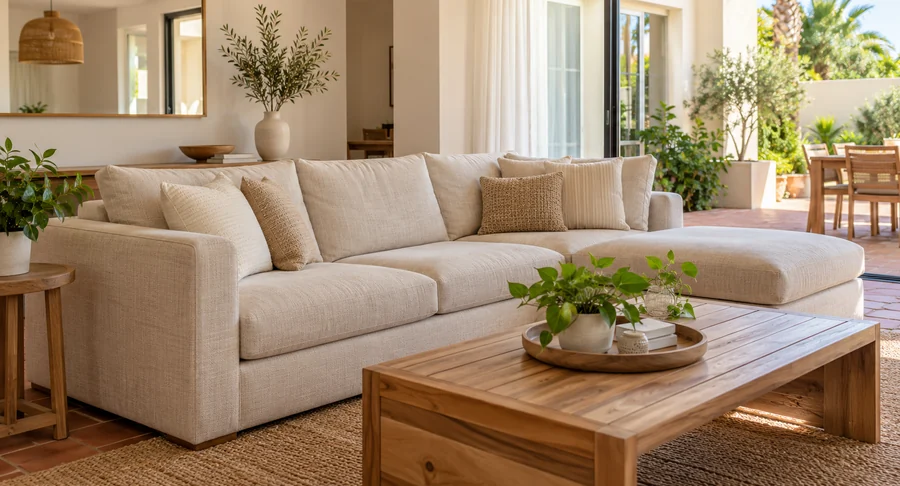 Clean beige sectional sofa in living room after post construction sofa cleaning
