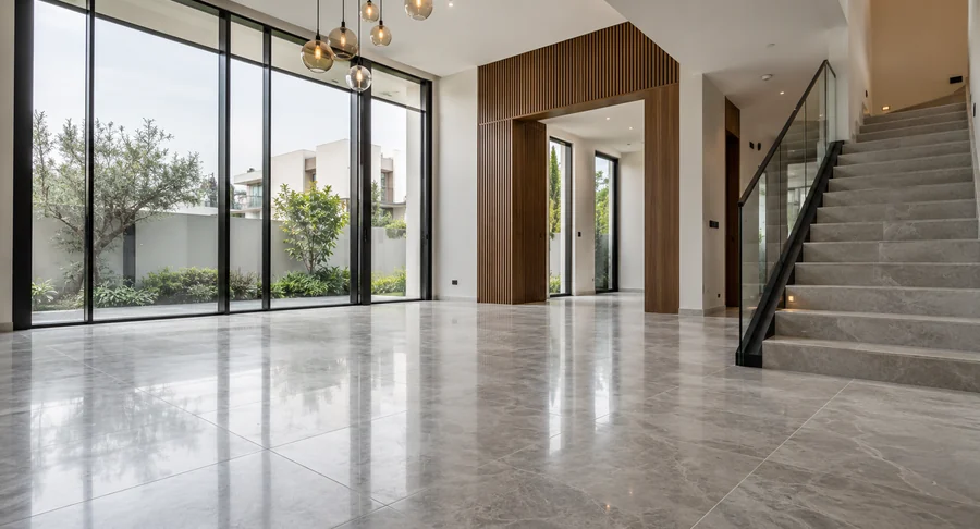 Clean villa hallway with polished floor after post construction deep cleaning