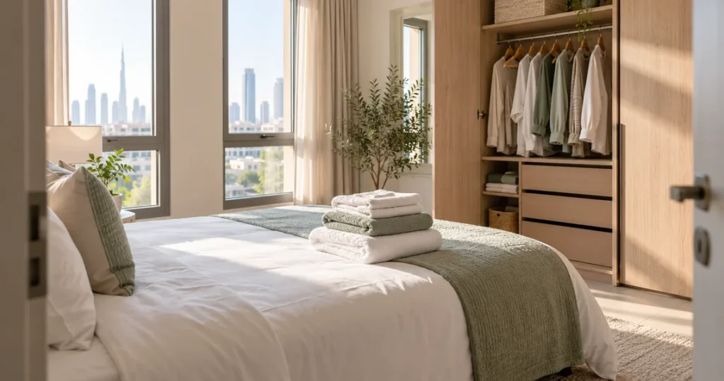 Tidy modern bedroom with neatly folded towels and city skyline view after professional housekeeping services