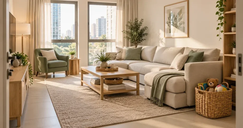 Tidy modern living room with organized sofa and storage basket after professional maid service