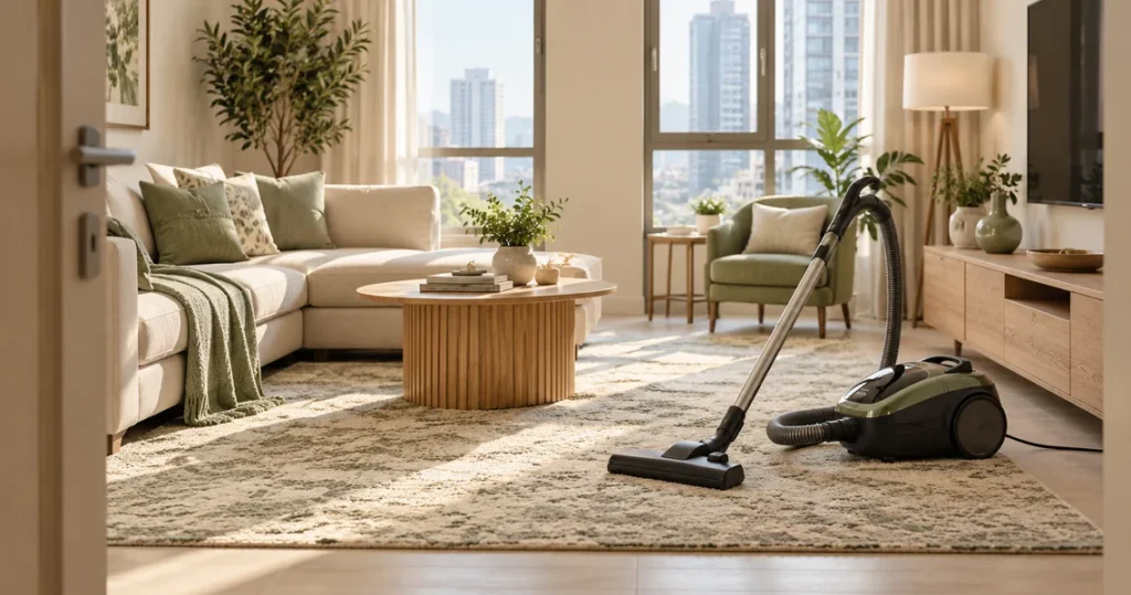 Vacuum cleaner on living room carpet after professional monthly cleaning service