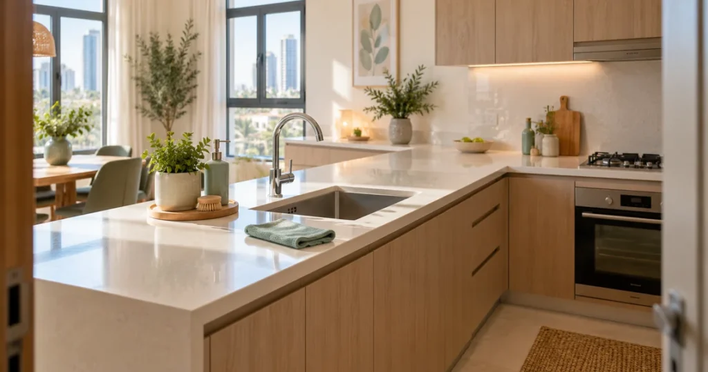 Spotless modern kitchen counter and sink area after professional weekly cleaning service